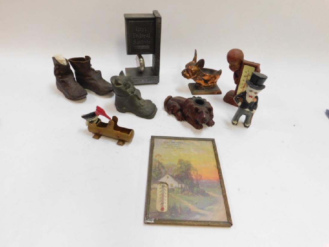 COLLECTION OF CABINET ITEMS: CLOCK 7", THERMOMETER, TALLEST