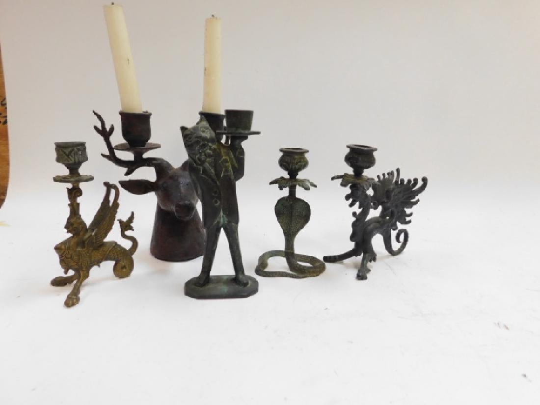COLLECTION OF METAL CANDLESTICKS: ANIMAL THEMED METAL CANDLESTICKS KITTEN, COBRA SNAKE, DEER, GARGOYLE. VERY COOL