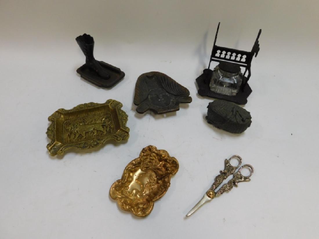 COLLECTION OF DESK ITEMS: EAST LAKE IRON INK WELL. ART NOUVEAU TRAYS.