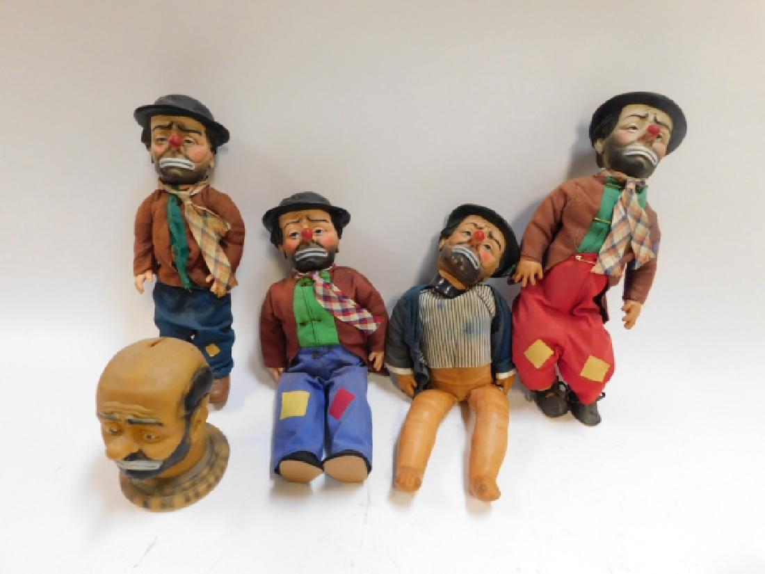 COLLECTION OF EMMETT KELLY DOLLS: ALONG WITH EMMETT KELLY BANK. APPROX 14"