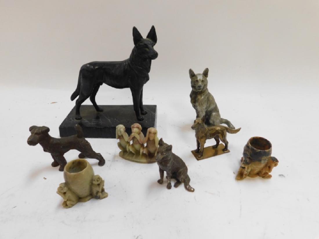 COLLECTION OF METAL AND SOAPSTONE DOGS: VARIOUS SIZES. LARGEST 7" TALL
