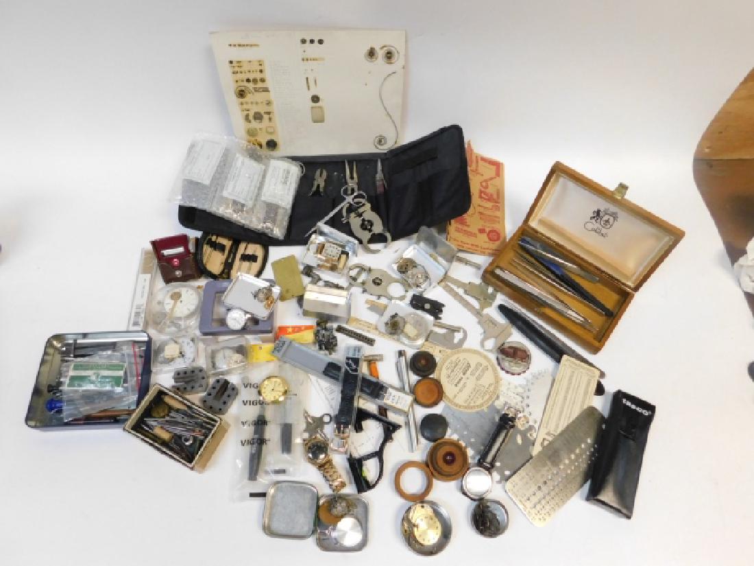 COLLECTION OF TOOLS AND DRAWER FINDS: CLOCK KEYS, GROOMING TOOLS, WATCHES AND WATCH PARTS,