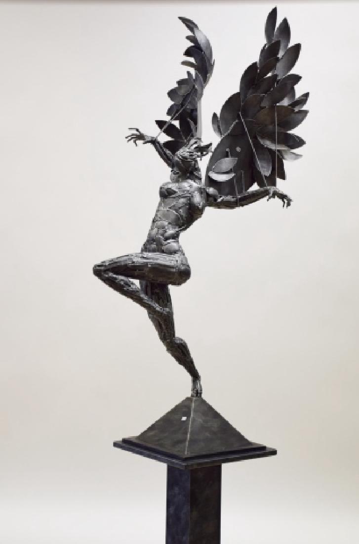 BOBAN, RENAISSANCE WOMAN SCULPTURE: RENAISSANCE WOMAN, STAINLESS STEEL SCULPTURE BY BOBAN ILIC. WITH CERTIFICATE OF AUTHENTICITY. WITHOUT STAND APPROXIMATELY 62" WITH STAND . GREAT, UNIQUE PIECE WITH A LOT OF INTRICATE DESIGN! ADDITIONA