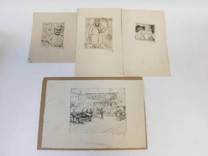 COLLECTION OF MORRIS TOPCHEVSKY ETCHINGS: FOUR ETCHINGS BY MORRIS TOPCHEVSKY (1898-1947) CHICAGO ARTIST: "HUSBAND AND WIDE POTATOE VENDORS" 2 5/8" BY 3" SIGNED LOWER RIGHT. "MARKET VENDORS" 3 3/4" X 3 1/4 SIGNED LOWER RIGHT. "OLD CHICAGO VEND