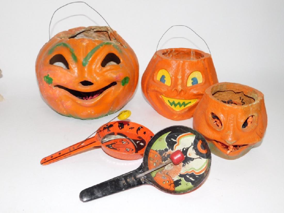 LOT OF PAPER MACHE HALLOWEEN DECOR: PUMPKIN BUCKETS AND TIN NOISE MAKERS.
