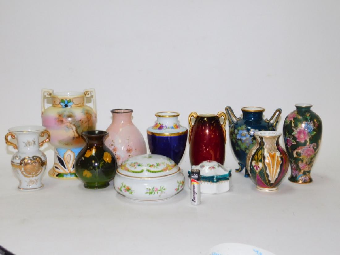 COLLECTION OF SMALL VASES AND TRINKET BOXES: LARGEST PIECE IS SIGNED NIPPON, OTHERS MAY BE ARTIST SIGNED. GOOD CONDITION
