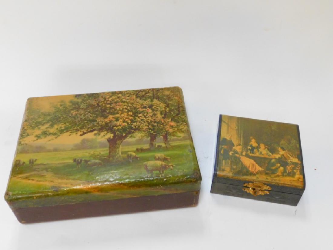 TWO CELLULOID DECORATIVE BOXES: MINOR EXTERIOR DAMAGE TO CORNER OF LARGE ONE. ADDITIONAL INFORMATION AVAILABLE UPON REQUEST. ALL ITEMS IN THIS LOT IS SOLD AS IS/SHOWN.