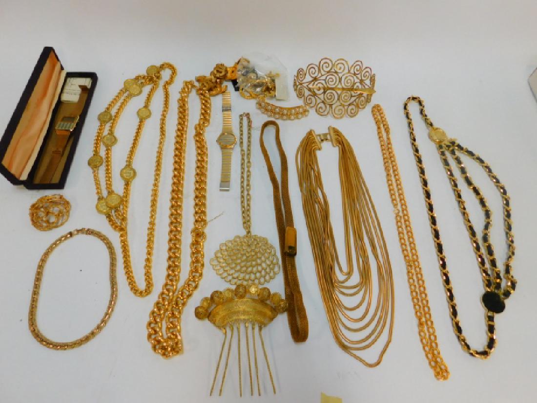 COLLECTION OF COSTUME JEWELRY AND ACCESSORIES: BELTS, NECKLACES, WATCHES, PINS, HAIR ACCESSORIES.