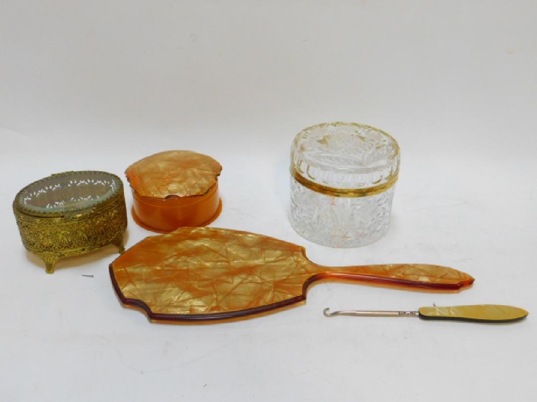 COLLECTION OF DRESSER BOXES AND MIRROR: CUT GLASS DRESSER BOX ALONG WITH TWO OTHERS, ONE WITH RIM DAMAGE TO LID. MIRROR IS IN GOOD CONDITION