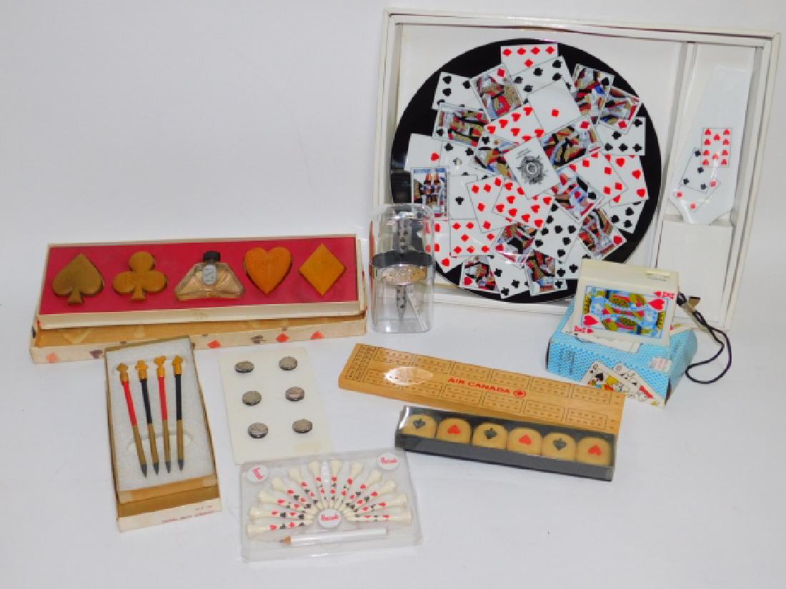 COLLECTION OF PLAYING CARD DISHES, SOAPS, AND MORE: CAKE PLATE AND CUTTER, SOAPS, BUTTONS, PENS AND CAMERA