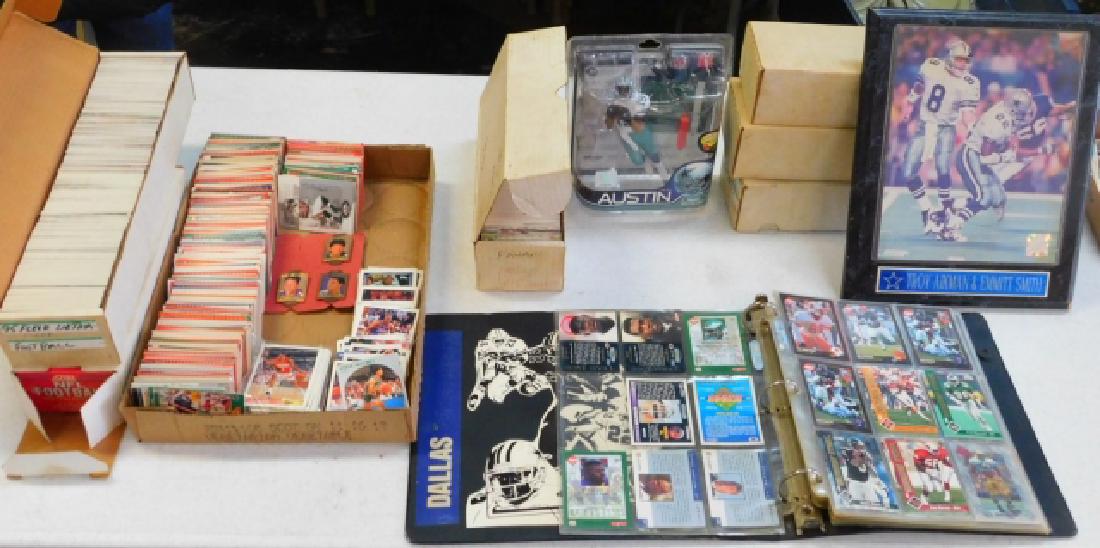 LARGE COLLECTION OF FOOTBALL MEMORABILIA: ALONG WITH BASKETBALL BALL CARDS, FOOTBALL ACTION FIGURE AND WALL PLAQUE
