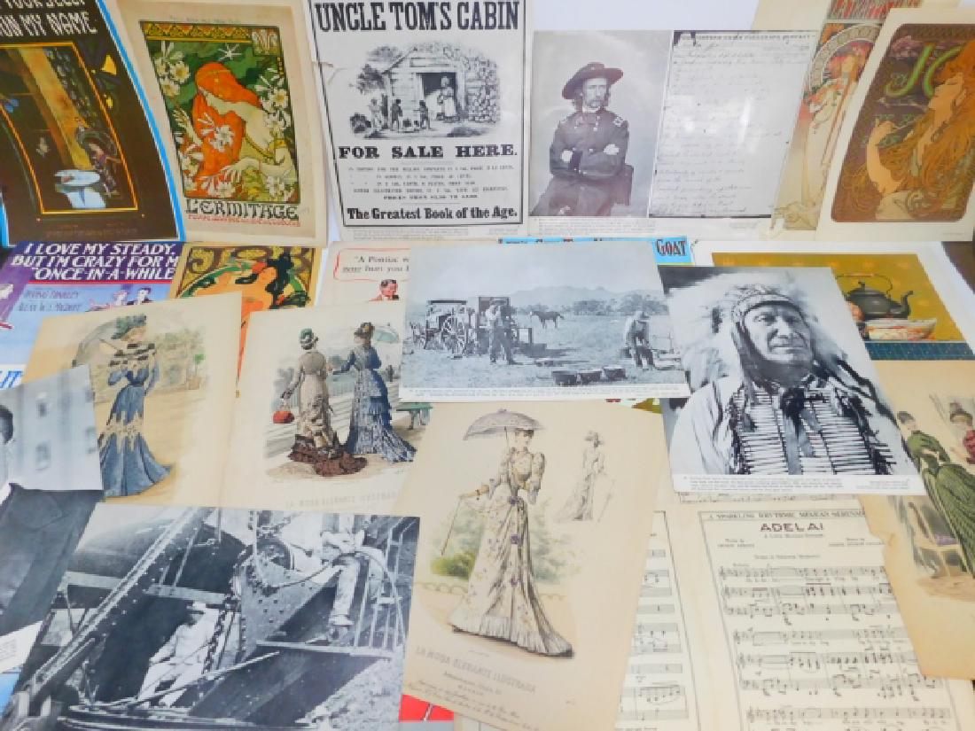 COLLECTION OF PRINTS, ADVERTISEMENTS, MUSIC SHEETS: TEARS, SOIL SPOTS, ETC