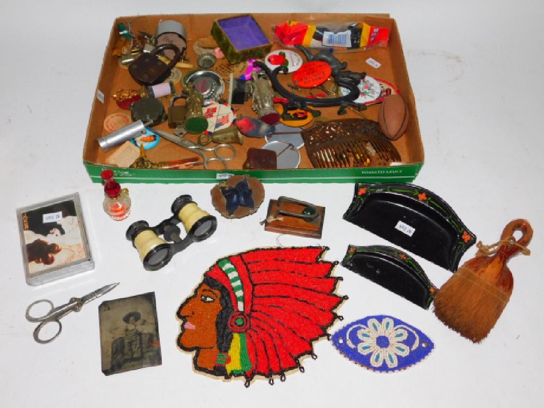 LOT OF BINOCULARS, SCISSORS, LOCKS, AND MORE: BINOCULARS, MINI OIL LAMP, PLAYING CARDS, TIN TYPE PHOTO, BELL, LOCKS, SCISSORS, BOTTLE CAPS, BUTTONS, AND SO MUCH MORE