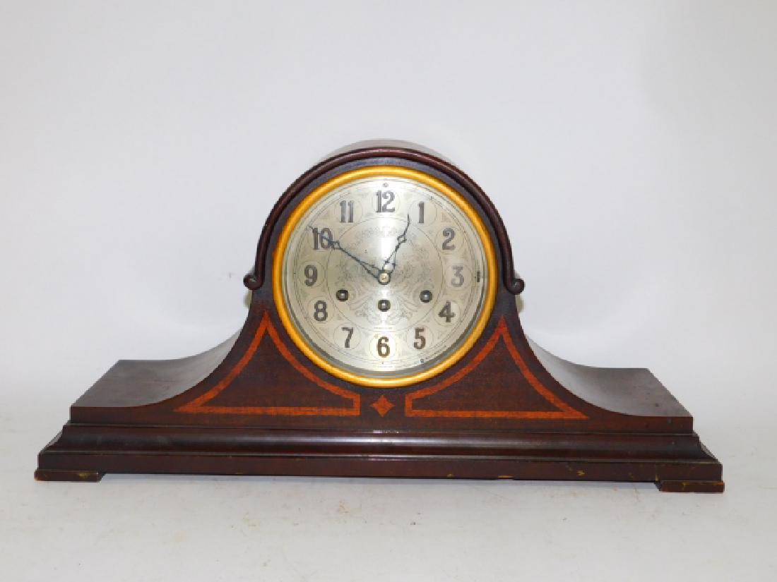 HERSCHEDE HALL MANTEL CLOCK: 10 1/2" TALL BY 20 1/2". MINOR SCUFFS AND SCRATCHES.WE HAVE FOUND A pendulum A KEY THAT FITS AND IT HAS WORKED FOR ONE HOUR SO FAR CHIMES HAVE FANTASTIC SOUND IT IS NOT KEEPING TIME SOLD AS IS.