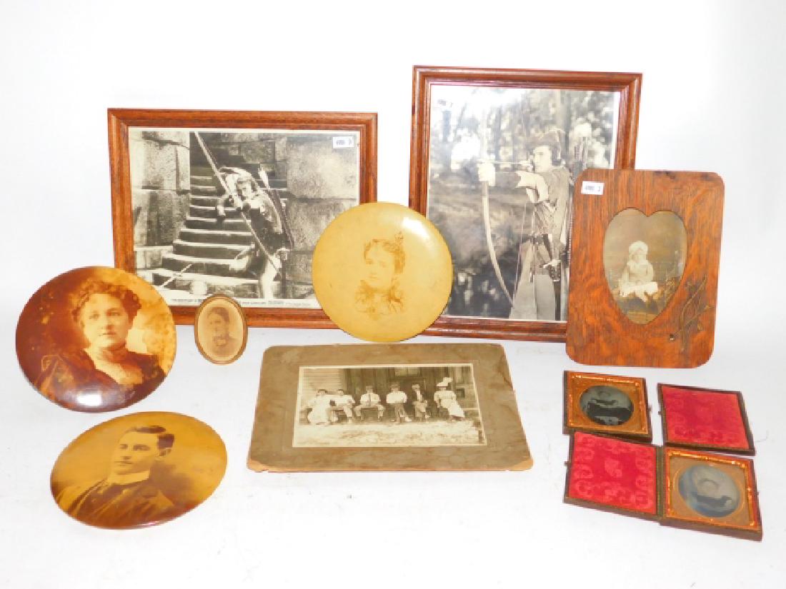 COLLECTION OF BUTTON AND BLACK & WHITE PHOTOS: MINOR DISCOLORATION IN SMALL BOOK PHOTOS. BROKEN GLASS IN SMALL WOODEN FRAME.
