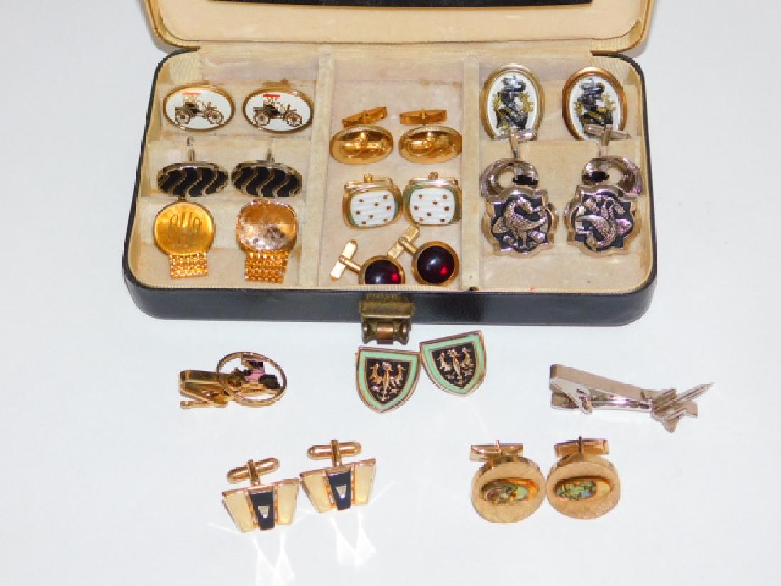 CUFFLINK AND TIE CLIP COLLECTION WITH BOX: COMPLETE SETS. GREAT ASSORTMENT OF CUFFLINKS WITH A FEW TIE CLIPS. SOMETHING FOR EVERY OCASSION