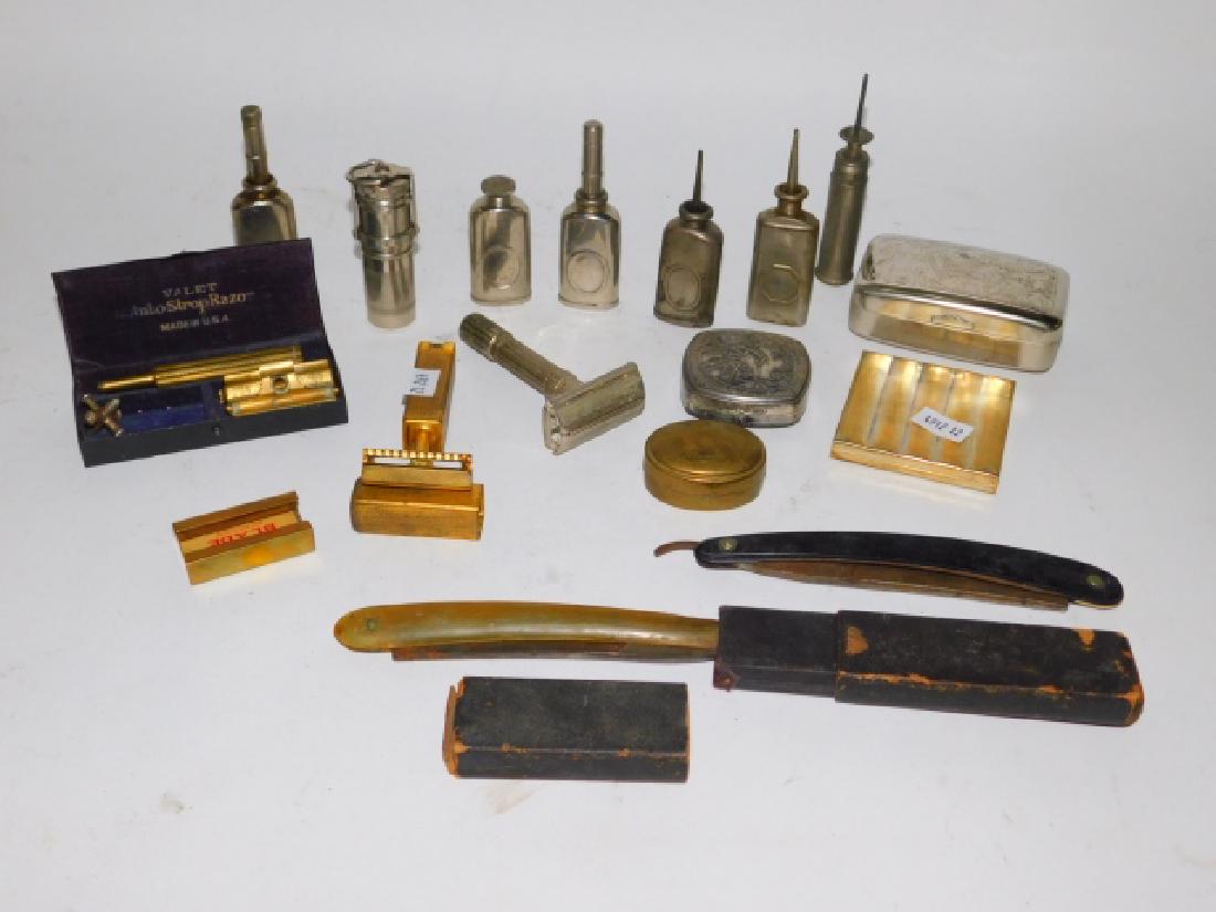 COLLECTION OF GROOMING TOOLS AND COMPACTS: RAZORS WITH ADDITIONAL BLADES AND CASES. COMPACTS, MIRRORS, AND MORE