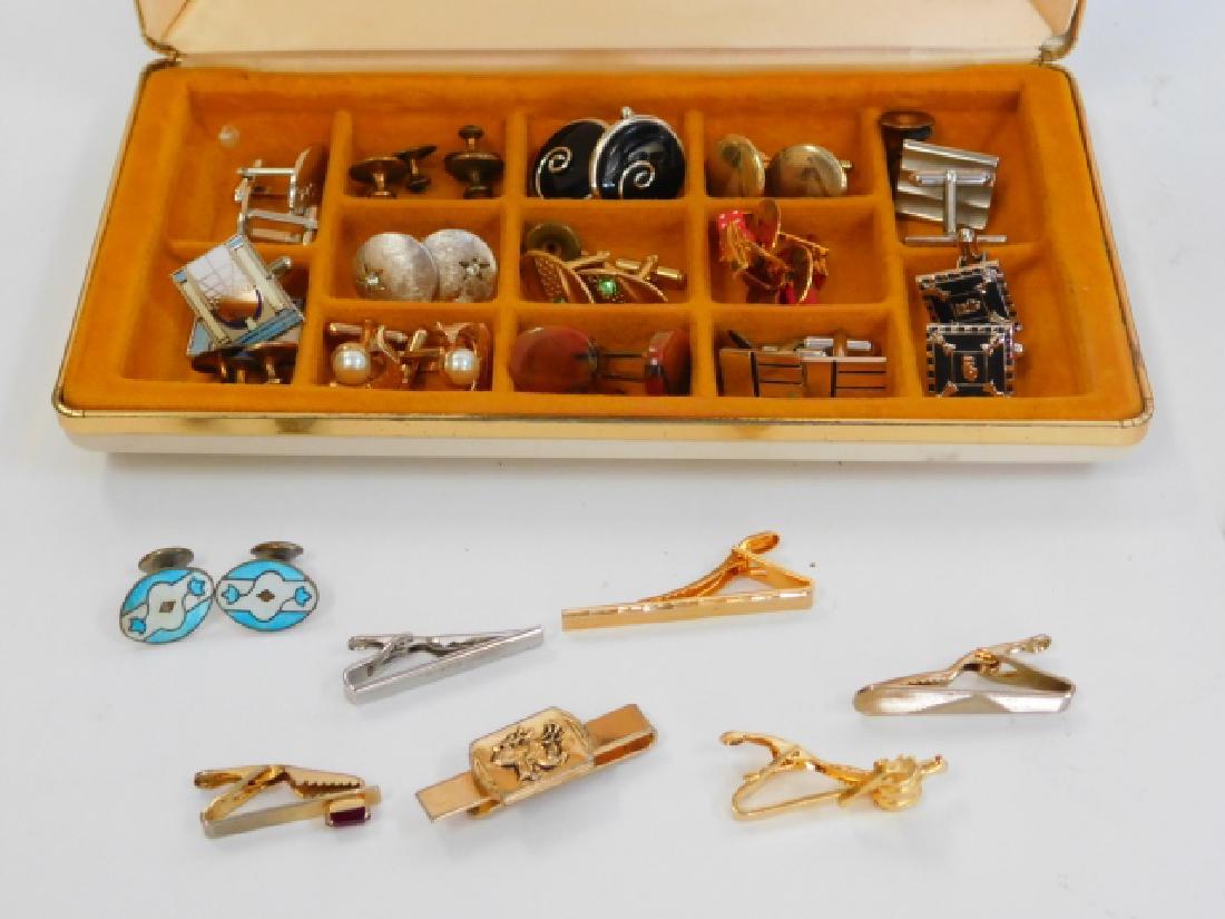 CUFFLINK & TIE CLIP COLLECTION WITH BOX: COMPLETE SETS ALONG WITH A FEW TIE CLIPS. PARTS AND PIECES.