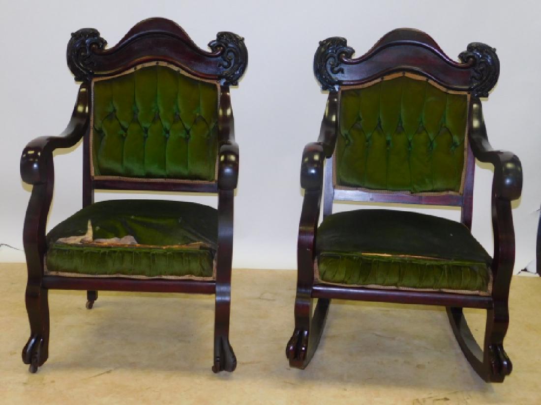 EMPIRE MAHOGANY FINISH ROCKER AND CHAIR: VERY LARGE. NEEDS UPHOLSTERY. APPROX 43" BY 24" BY 25"