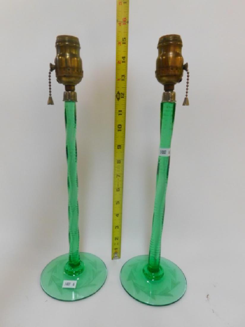 PAIR OF GREEN DEPRESSION ETCHED GLASS TABLE LAMPS (1 of 3)