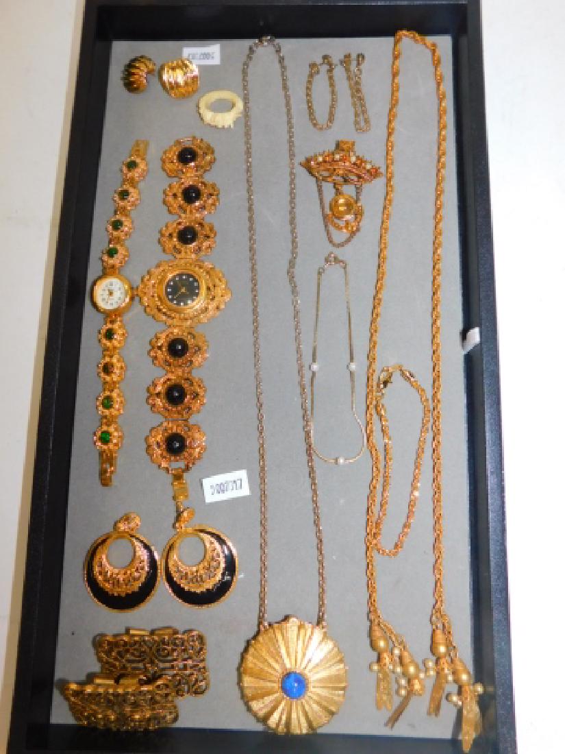 COLLECTION OF COSTUME JEWELRY: NECKLACES, BRACELETS, CLIP ON AND PIERCED EAR EARRINGS, WATCHES, AND MORE.