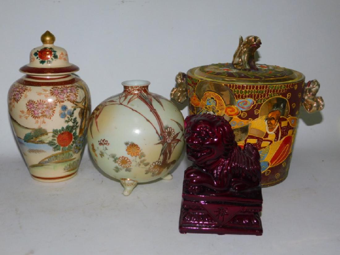 CHINESE FOO DOG, URN, VASE, AND ICE BUCKET: TALLEST IS APPROX 7 1/2", SMALLEST IS 5"