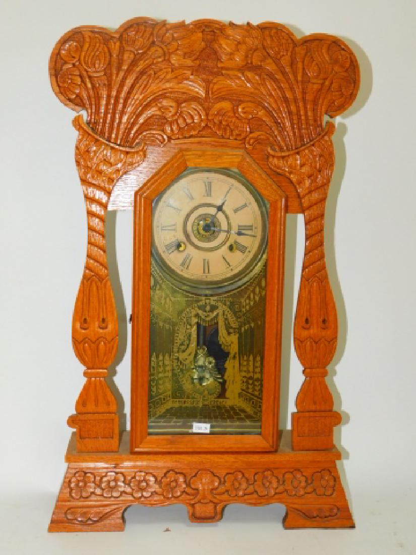 NEW HAVEN MANTEL CLOCK: WITH KEY AND PENDULUM. 25" TALL, 15 1/2" LONG, 4 1/2" DEEP