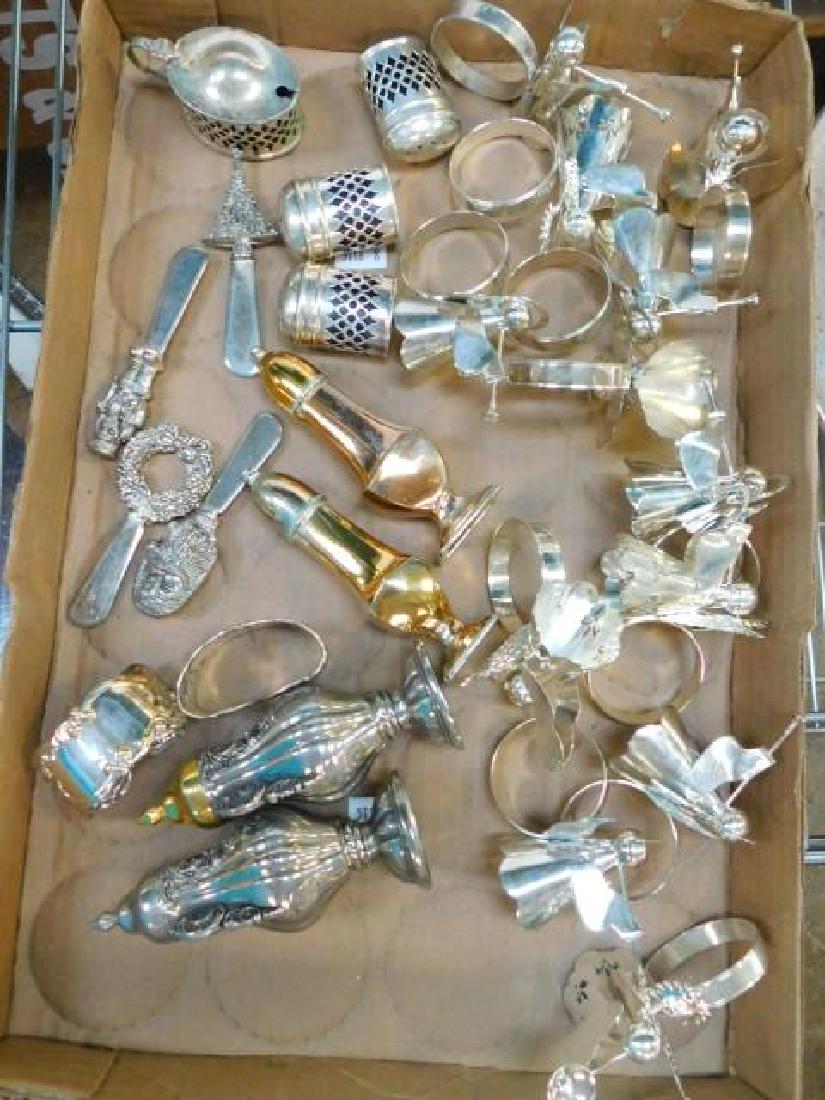 LOT OF SILVER PLATE NAPKIN RINGS AND SHAKERS: ANGEL NAPKIN RINGS, SEVERAL SIZE SALT AND PEPPER SHAKERS, ALONG WITH CHRISTMAS THEMED SMALL CUTLERY