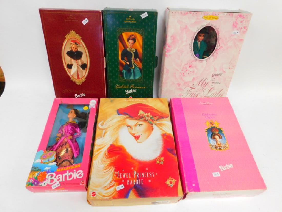 SIX BARBIE DOLLS: INCLUDES MALAYSIAN, YULETIDE ROMANCE, HOLIDAY MEMORIES, MY FAIR LADY, JEWEL PRINCESS, AND ELZABETHAN QUEEN