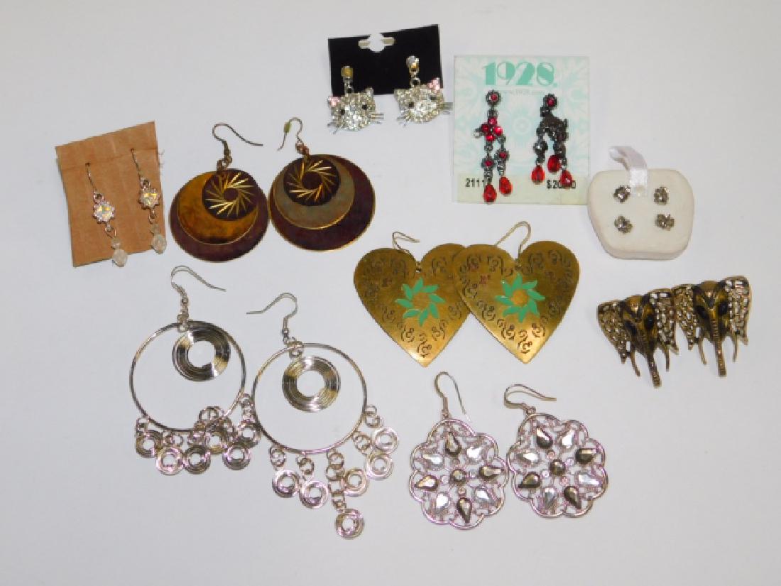 TEN PAIRS OF COSTUME EARRINGS: ALL PIERCED EARRINGS. GREAT VARIETY INCLUDING ELEPHANTS, HELLO KITTY, STUD EARRINGS, DANGLY EARRINGS.