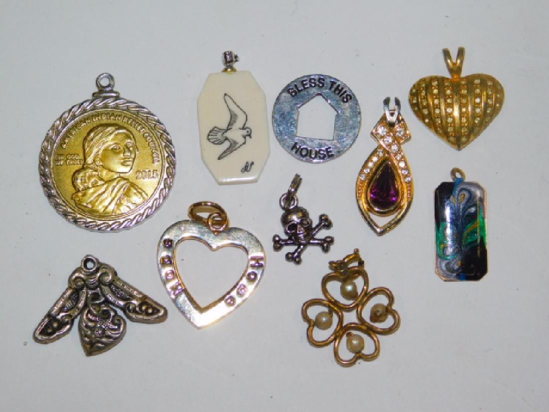 TEN COSTUME PENDANTS: UNIQUE PENDANTS. SKULL & CROSS BONES, HEARTS, AND MORE