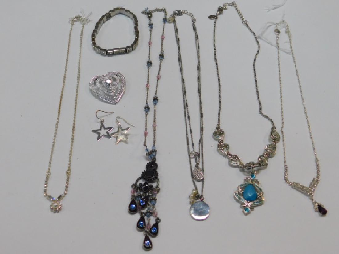 COLLECTION OF COSTUME JEWELRY: PIN, PIERCED EAR EARRINGS, BRACELET, AND NECKLACES