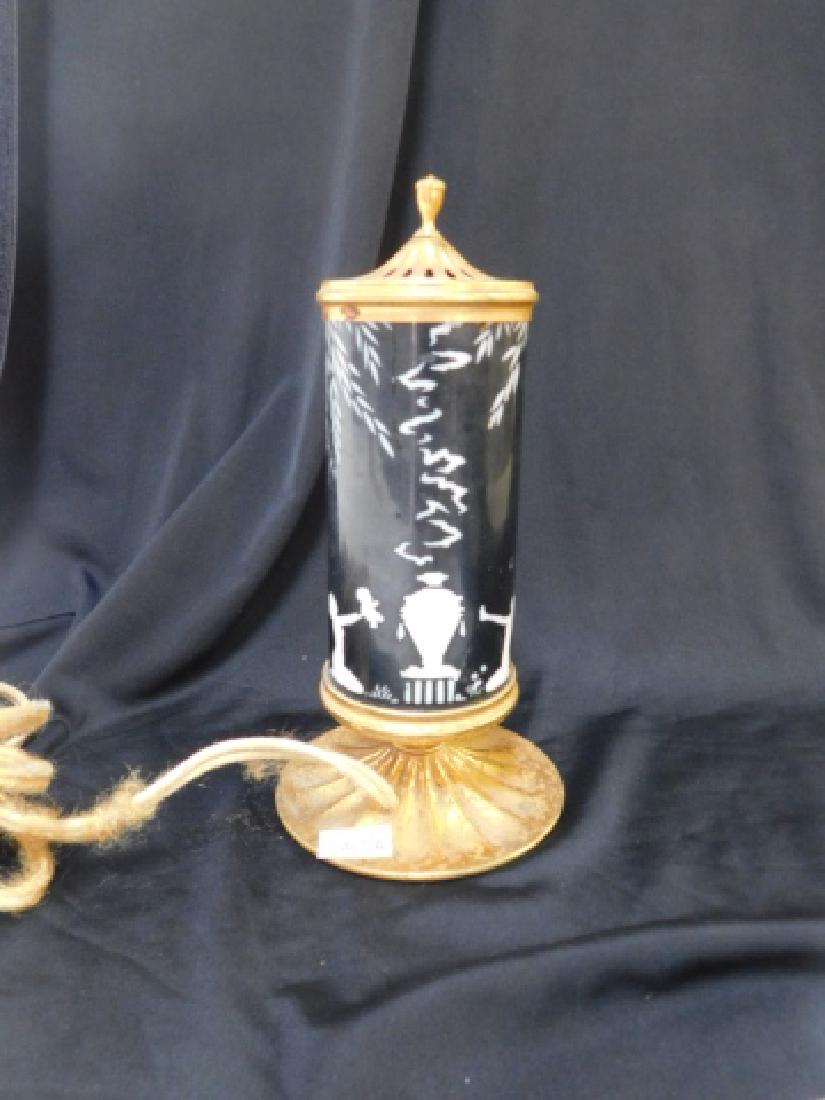 GOLD WASH FINISH PERFUME LAMP: 8" TALL MARY GREGORY LAMP, A LITTLE LOOSE AT FITTING OVER ALL CONDITION IS GOOD