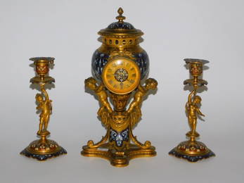 SUSSE FRERE FRENCH ENAMEL BRONZE CLOCK SET