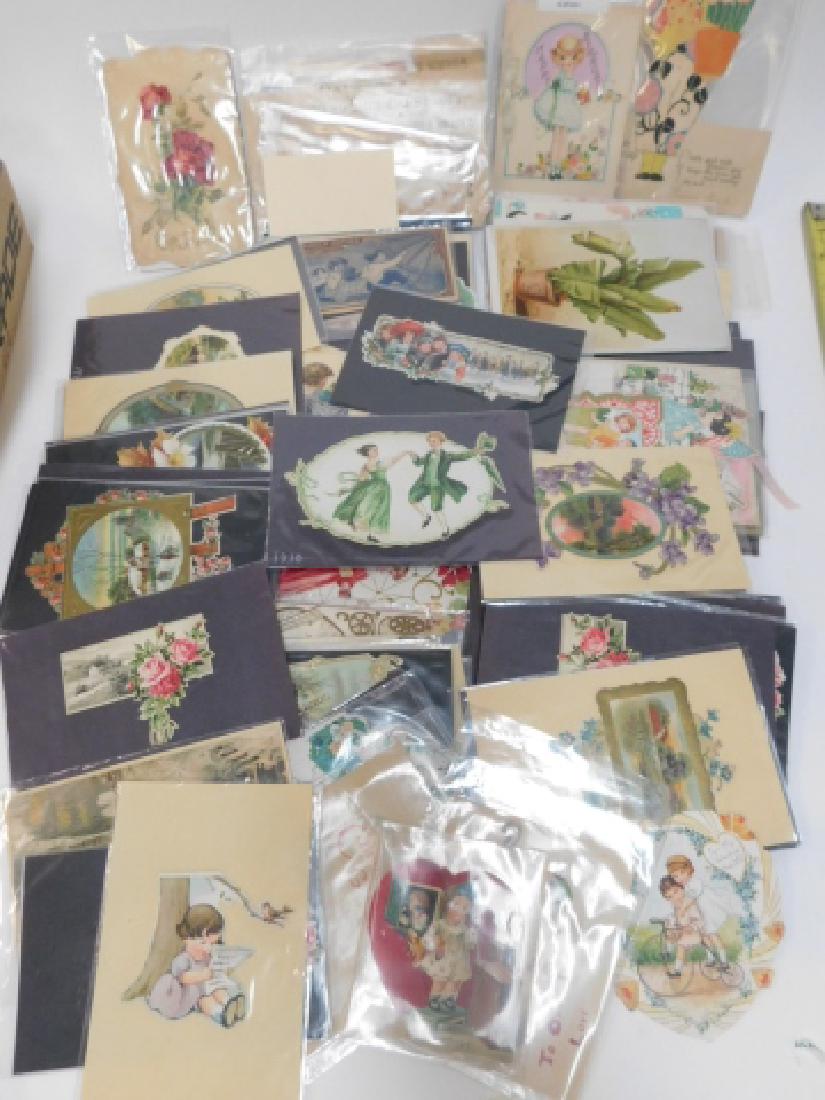 COLLECTION OF VINTAGE POSTCARDS: GREAT VARIETY OF VINTAGE POSTCARDS AND CUT OUTS.
