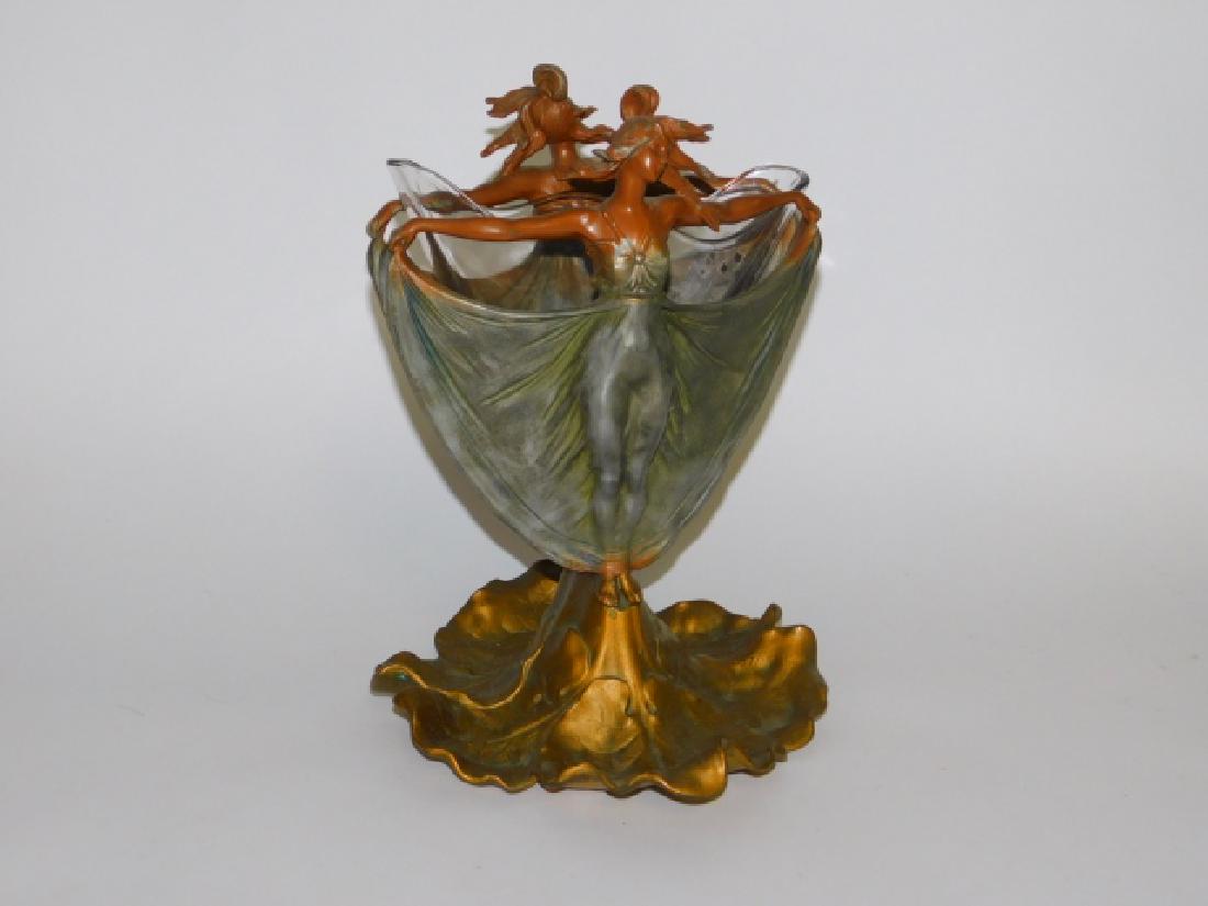 ART NOUVEAU FIGURAL PLANTER: 12" TALL, MINOR WEAR ON PAINT, WHITE METAL, GLASS INSERT