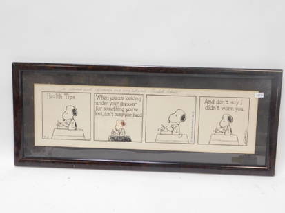 SNOOPY COMIC SIGNED BY CHARLES SCHULTZ: 27" X 11" TO HOWARD WITH APPRECIATION AND EVERY BEST WISH CHARLES SCHULZ