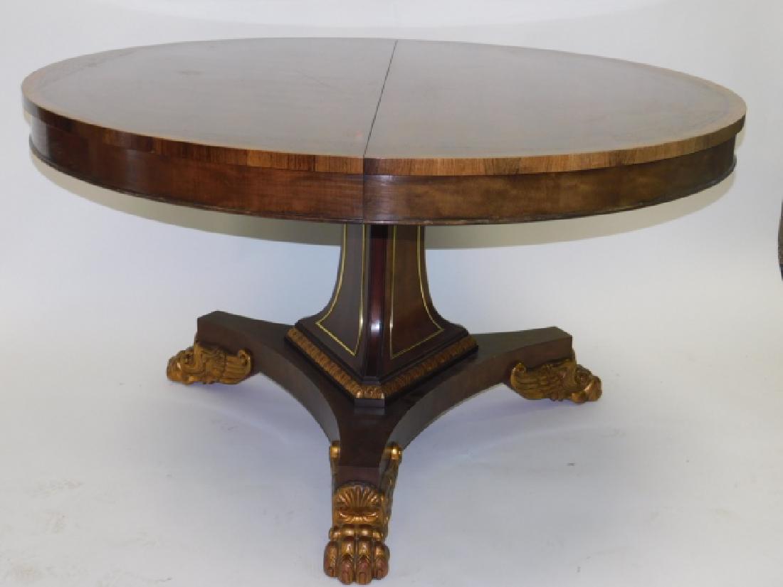 KITTINGER ROUND TABLE: KITTINGER ROUND TABLE 48" DIAMETER, GOLD LEAF FINISH ON PEDISTAL MINOR WEAR TO TOP, HAS NO LEAVES