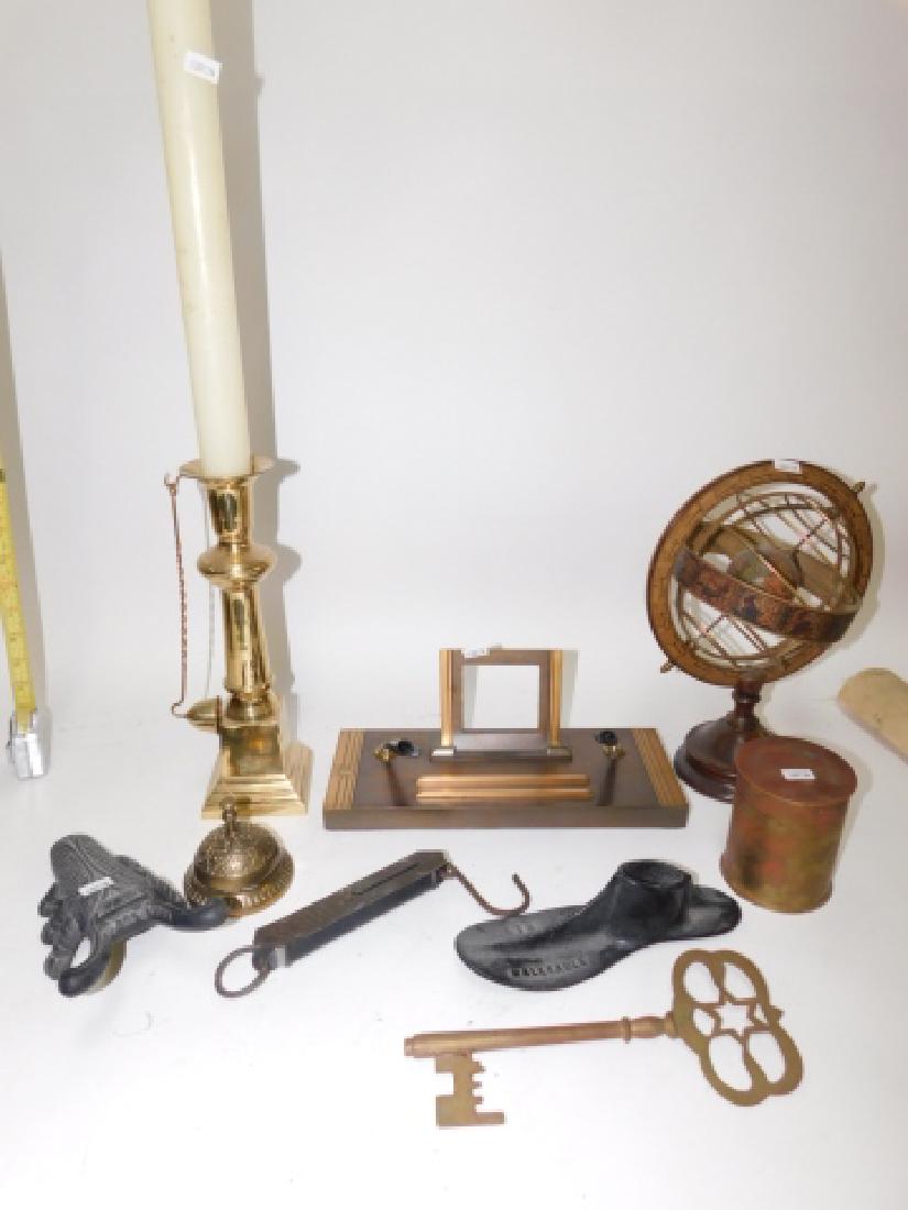 COLLECTION DESK ITEMS: CANDLE HOLDER, SCALE, PEN HOLDER, LARGE KEY, HOTEL BELL, SHOE LAST