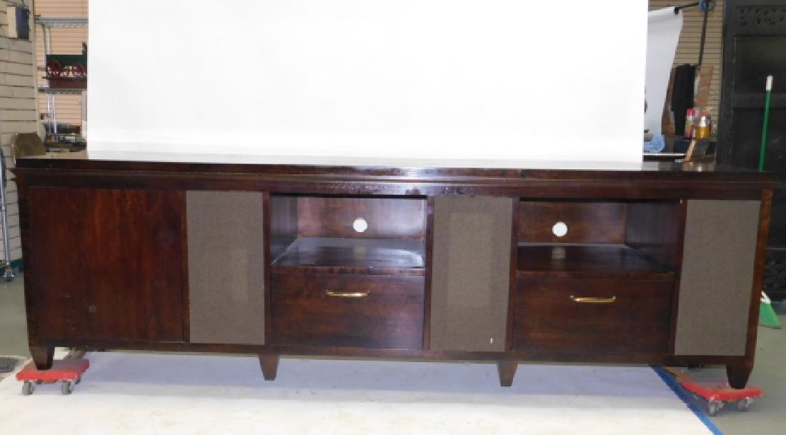 KITTENGER ENTERTAINMENT CONSOLE: MINOR SCUFFS AND SCRATCHES. 9 FEET LONG, 28" WIDE, 32" TALL. FITTED WITH COMPARTMENTS AND DRAWERS.