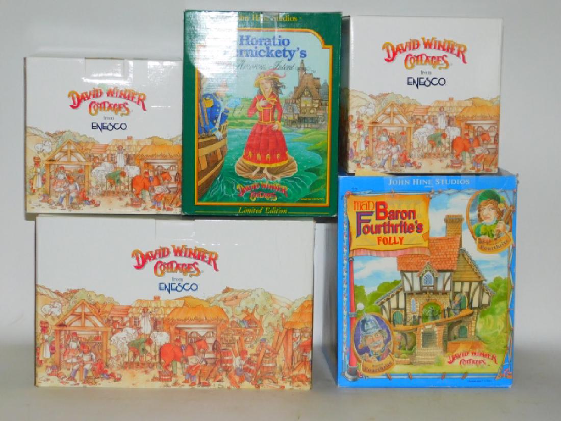 FIVE DAVID WINTER COTTAGES: INCLUDES: HORATIO PERNICKETYS AMOROUS INTENT LIMITED EDITION# 3928, ROBBERS RETREAT, WITCHES CASTLE, JULY COTTAGE, AND MAD BARON FOURTHRITES FOLLY.
