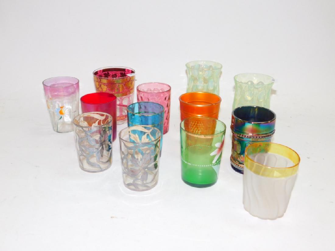 COLLECTION OF VICTORIAN TUMBLERS: CRANBERRY. ETCHED. SILVER OVERLAY OPALESCENT. CARNIVAL CLASS