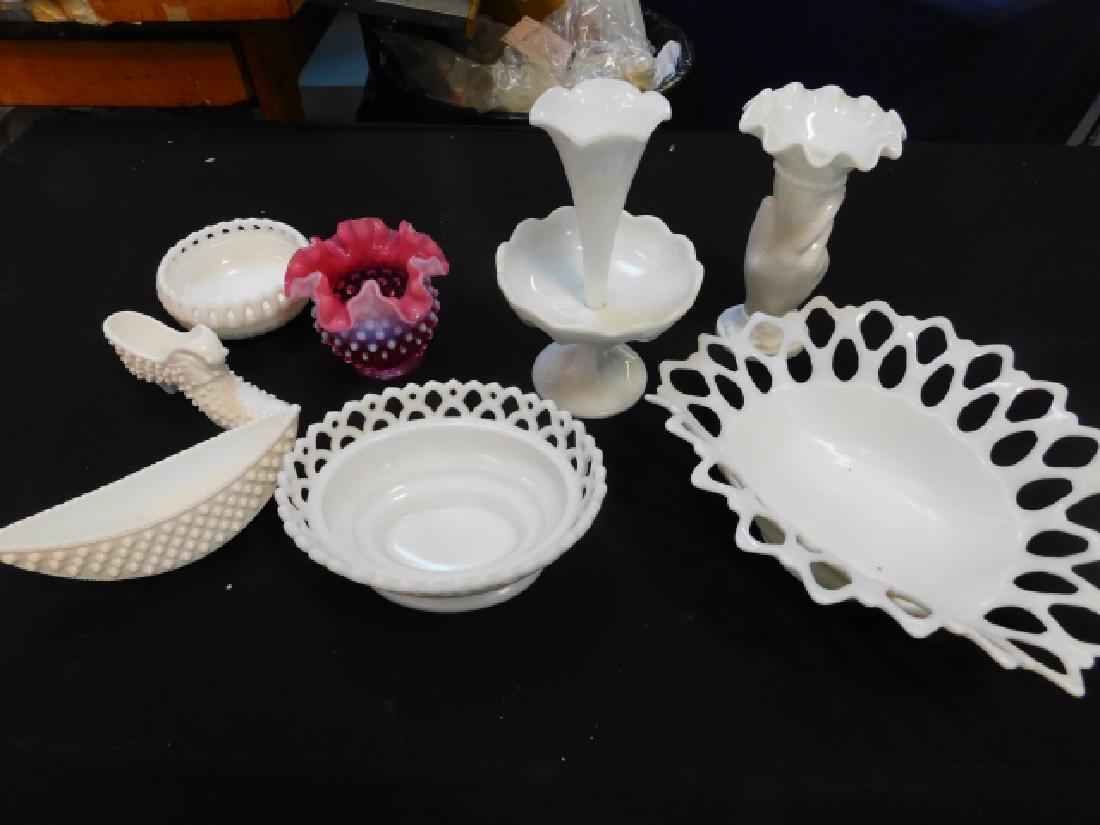 COLLECTION OF MILK GLASS: INCLUDING WESTMORELAND BASKET. WITH SHOE AND HAND VASE.