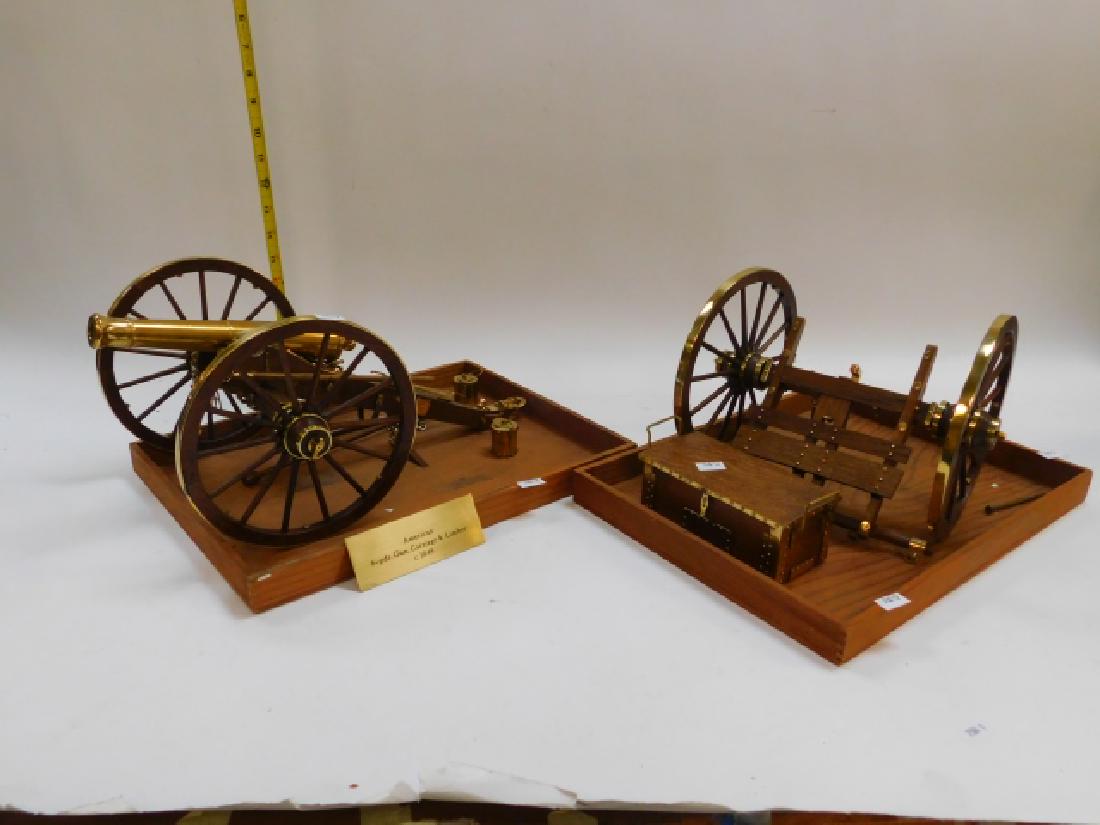 CANNON WITH CART DESK SET: MINITURE CANNON WITH CART VERY WELL MADE BRASS AND OAK DECORATOR PIECE