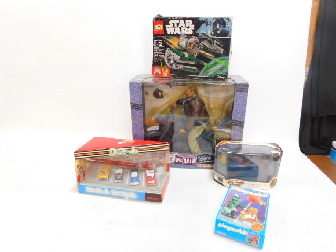 ASSORTED TOYS: MATCHBOX CARS, HOTWHEELS, LEGOS, STAR WARS, AND STEVE MCQUEEN ON A MOTORCYCLE