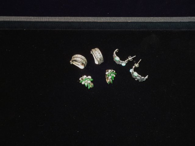 3 Pairs Sterling Earrings: 1 pr. Turquoise pierced, 1 pr. Marcasite clip, 1 pr. Green stone clip