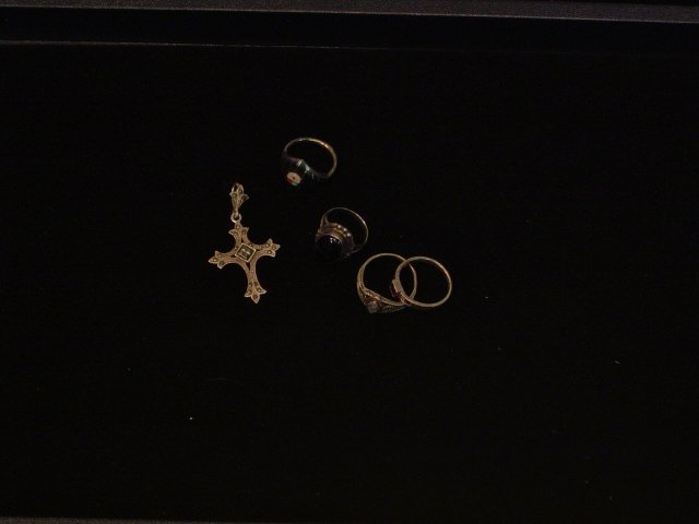5 Pieces Sterling Jewelry: 4 rings with various stones, 1 marcasite cross