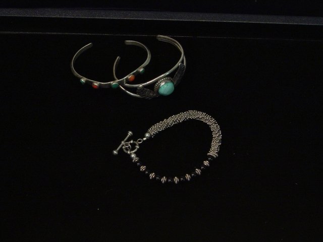 3 Sterling Bracelets: 2 cuff bracelets with turquoise, 1 bracelet with black beads