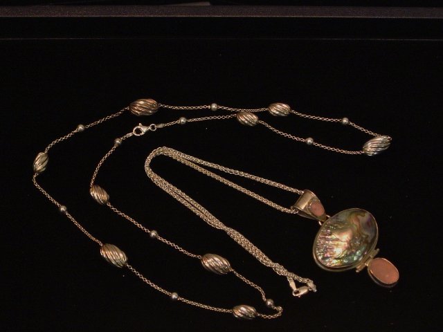 2 Sterling Necklaces: 1 28" Chain with sterling beads, 1 16" chain with large abalone shell pendant