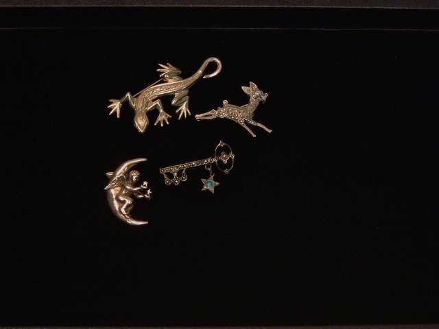 4 Sterling Pins: Key and deer pins with marcasite, lizard, cherub on moon